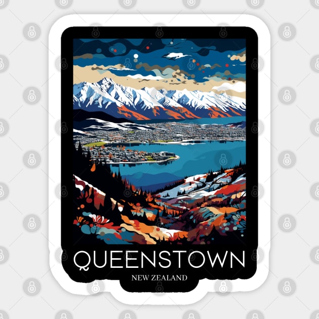 A Pop Art Travel Print of Queenstown - New Zealand Sticker by Studio Red Koala